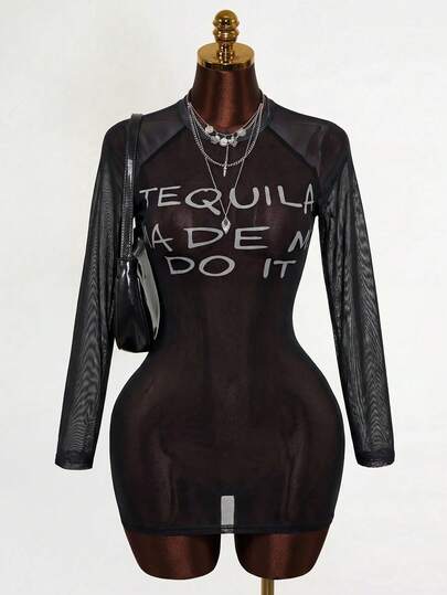 Mistrie Ladies' New Sexy Semi-Transparent Printed Long-Sleeved Dress, Net-Silk Printed, YK2 Cool Girl Style.