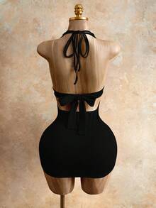 Mistrie Đầm ôm sát gợi cảm hở lưng cổ yếm thời trang dành cho nữ, thích hợp cho mùa hè. - màu đen - Xem 2