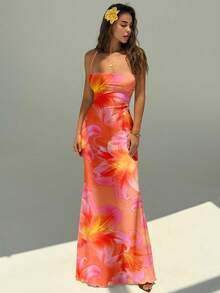 Aloruh 女士优雅度假橙色百合印花露背吊带连衣裙，沙滩度假连衣裙，橙色连衣裙，沙滩度假套装，夏威夷连衣裙 - 橘色 - 查看 10