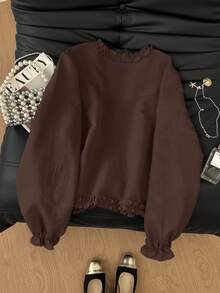 Muvela 女士休闲纯色荷叶边系带长袖衬衫 - 咖啡棕 - 查看 2