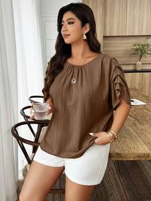 SHEIN LUNE 大码女式春夏圆领褶皱袖宽松休闲衬衫 - 棕色 - 查看 4