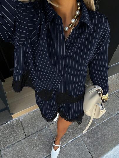 Siren Gaze 2pcs/Set Striped Short Shirt And Shorts Set, Black Lace Decor Women's Two Pieces Outfit