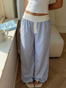 SHEIN EZwear Quần dài nữ màu xanh sọc dệt kim với cạp quần phối màu tương phản. - Xanh và trắng - Xem 2