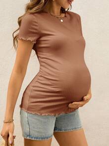 SHEIN Top de manga corta ajustado con borde de lechuga acanalado blanco para maternidad de verano - Marrón Chocolate - Ver 7