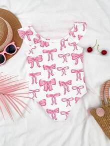 SHEIN Baby Girls' Cute Pink Bow Decor Flutter Sleeve One-Piece Swimsuit, Fashionable Casual Swimwear, Suitable For Girls, Swimming, Vacation, Beach, Pool, Photography, Summer Holiday Gift Baby Girl 3 Month OldBathing Suits Ruffle Sleeve Onsie Puppy Keep Baby Girl Bathing Suit Cap Sleeve Romper Swimsuit Beach Clothes - Pink - View 4