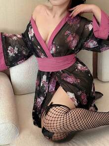 Flirla Sexy Romantic Printed Waist Cinching Short Dress - Red Violet - View 1