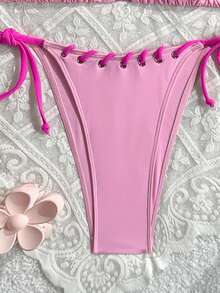 Swim Mod 女士纯色吊带露背系带泳衣套装（2件套），春夏款 - 粉色 - 查看 6