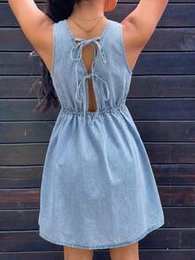 Sunnyshic Fashionable Casual Lace-Up Loose Vacation Denim Dress - Light Wash - View 10