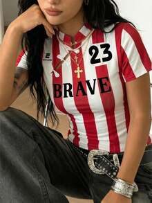 SHEIN EZwear 新款中国风翻领条纹数字短袖修身运动衫，春夏新款，外套，世界杯球迷服，比赛日穿搭，新款中国风女式运动衫，女式足球衫，女式条纹T恤，女式品牌T恤，女式最新款上衣，女式运动衫，女式橄榄球上衣，女式短袖上衣，女式夏季上衣，女式T恤 - 彩色 - 查看 4