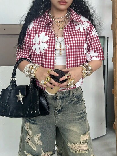 Rovax Women's Plaid Short Sleeve Single-Breasted Casual Shirt