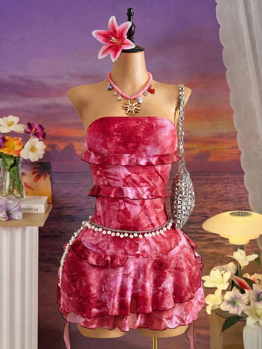 Swim Vcay 女士度假植物印花荷叶边无肩带连衣裙 - 玫紅色 - 查看 1