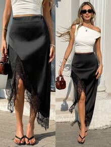 Pariaura 高腰显瘦醋酸纤维蕾丝开衩裙，优雅百搭，适合外出和通勤。 - 黑色 - 查看 1