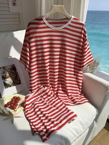 Comfortcana Schwarz-Weiß gestreiftes Casual 2 Stücke Set, bequem für Frühling/Sommer - Rot-Weiß - Übersicht 3