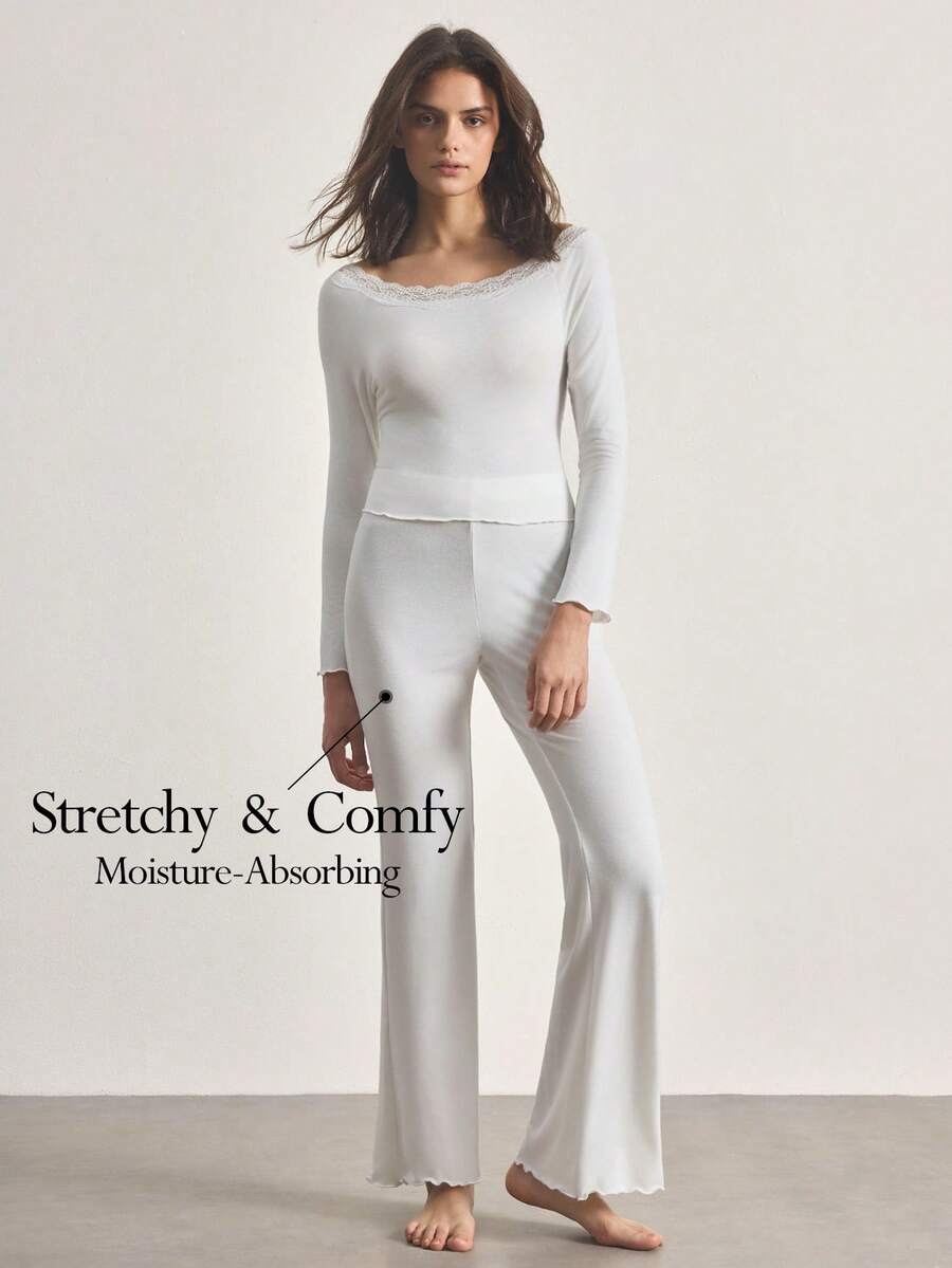 Ocili 2pcs Women Comfortable Cotton Frill Trim Long Sleeve Top And Pants Pajama Set, Sleepwear - White - View 1