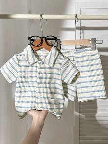 SHEIN Vintaside Kids 男女宝宝通用新生儿至1岁套装，杏色短袖上衣和短裤套装，质感面料，适合宝宝夏季外出穿着，为服装增添质感和品质 - 彩色 - 查看 3