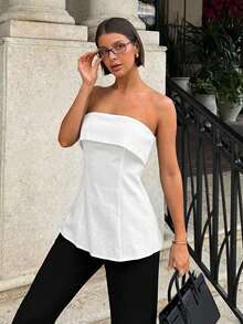 Siren Gaze Women's Fashionable Solid Color Basic Slit Bandeau Top,Summer Top - White - View 5