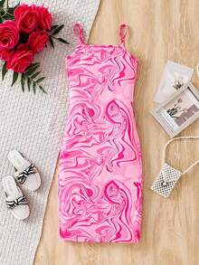 SHEIN 年轻女孩休闲街头时尚针织几何印花吊带开衩裙 - 玫紅色 - 查看 7