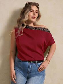Elegantrix Plus Size Women Elegant Lace Trim Asymmetric Collar Blouse, Suitable For Office, Casual, And Vacation Wear, Spring/Summer - Red - View 1