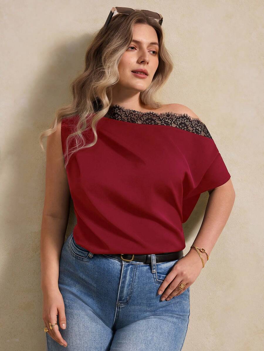 Elegantrix Plus Size Women Elegant Lace Trim Asymmetric Collar Blouse, Suitable For Office, Casual, And Vacation Wear, Spring/Summer - Red - View 1