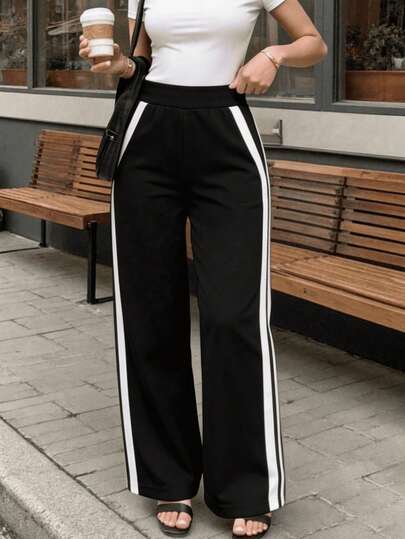 Pantalon  Mujer Cintura Alta Pierna Amplia Casual Elegante Linea Lateral Comodo Moda Urbana