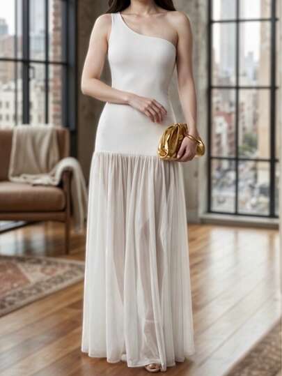 Vestido Largo Ajustado Semitransparentes de Hombros Descubiertos de Un Tirante para Mujer