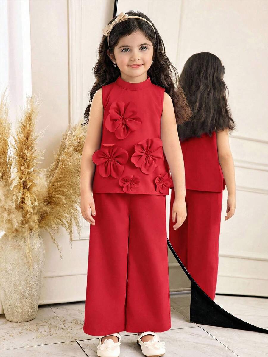 SHEIN 2件套少女纯色3D立体花卉图案休闲衬衫和裤子套装 - 紅色 - 查看 1