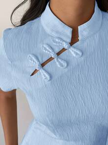 Aloruh Apricot New Chinese Style Button Collar Short Sleeve Waist Cinched Women Shirt, Spring/Summer New Arrival,Summer Top - Baby Blue - View 3