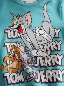 TOM & JERRY X SHEIN 男婴字母卡通印花圆领短袖T恤和短裤套装 - 青碧色 - 查看 5