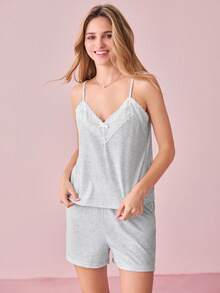 Bonmuse Lace Trimmed Camisole & Shorts Women's Pajama Set - Grey - View 4