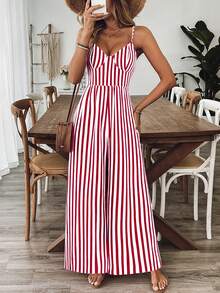 Breezaya Women's Casual Floral Print Loose Jumpsuit With Spaghetti Straps And Open Back, Spring/Summer - Red - View 3