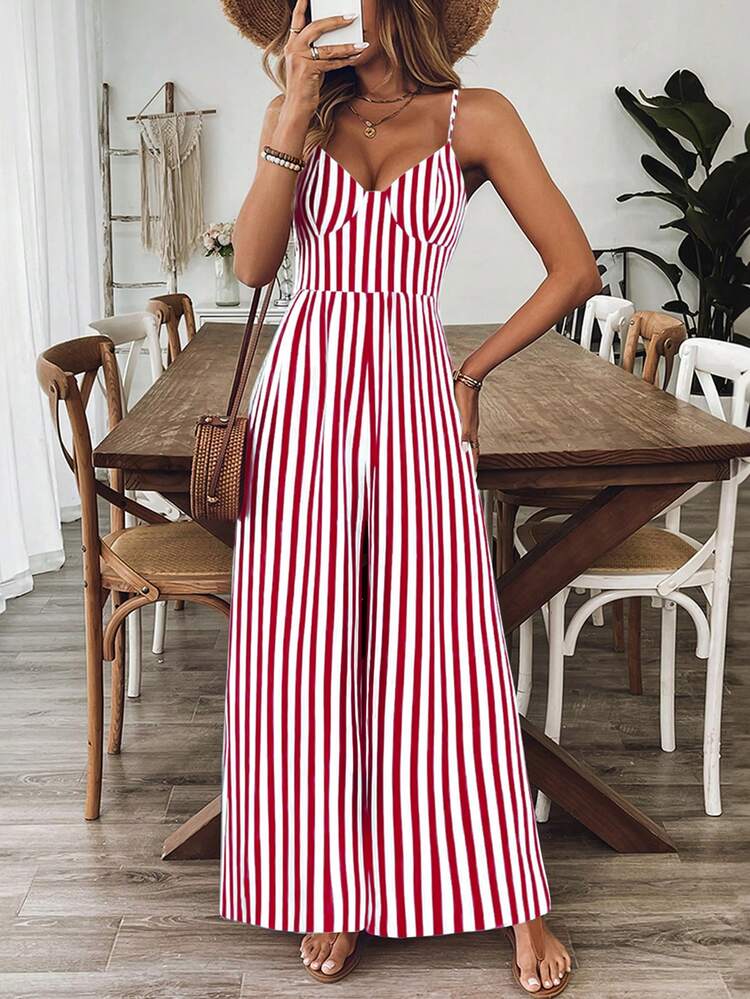 Breezaya Women's Casual Floral Print Loose Jumpsuit With Spaghetti Straps And Open Back, Spring/Summer - Red - View 3