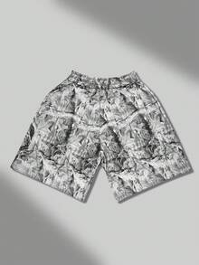 ROMWE MEN Street Life Celana Pendek Kasual Pria dengan Motif Grafis Street, Cocok untuk Musim Semi dan Musim Panas - MultiWarna - View 2