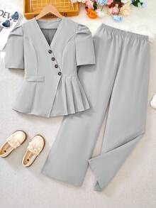Elladie kids Teen Girl Solid Color Regular Shoulder Puff Sleeve Ruffle Hem Elegant Summer T-Shirt Set - Light Grey - View 8