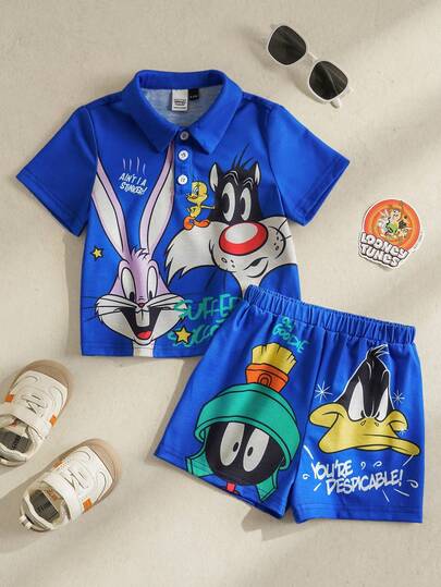 LOONEY TUNES X SHEIN Conjunto casual diario de camiseta de manga corta con estampado de letras y dibujos animados, y pantalones cortos de cintura elástica para niña bebé