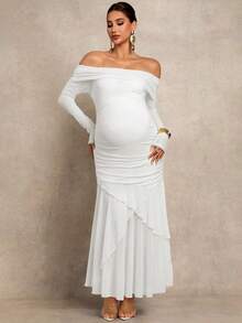 MaterniChic Maternity Solid Color Casual Off-Shoulder Dress - White - View 4