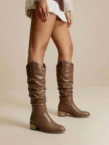 Daringsoles Botas de media pantorrilla de cuero de PU versátiles y de moda para uso diario de mujer - Marrón - Ver 4