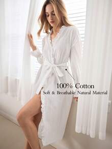 Ocili 女士V领系腰休闲家居服睡袍 - 白色 - 查看 1