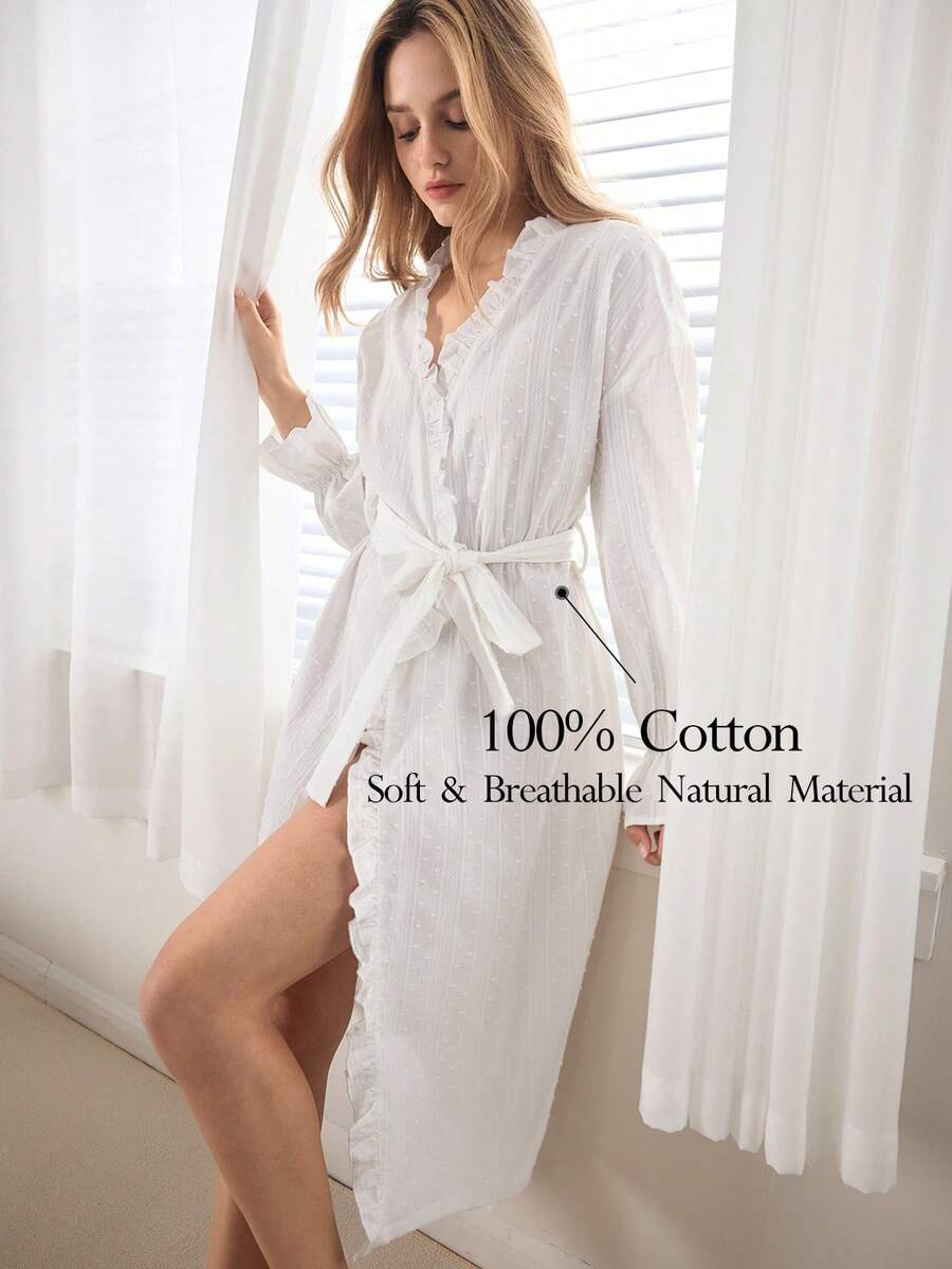 Ocili 女士V领系腰休闲家居服睡袍 - 白色 - 查看 1