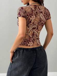 INAWLY Women's Casual Cashew Print Fitted Short Sleeve T-Shirt - Burgundy - View 2