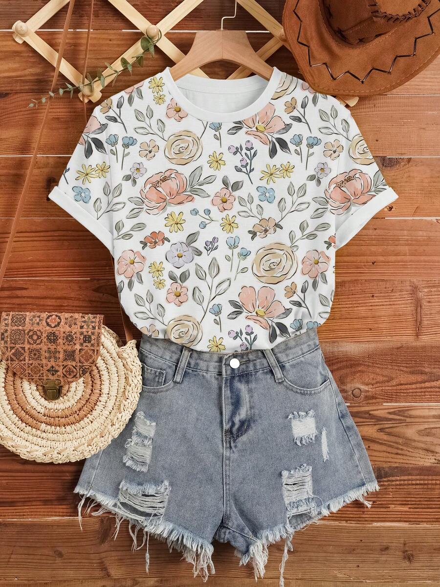 INAWLY 女士夏季印花圆领短袖休闲T恤图案上衣 - 白色 - 查看 1