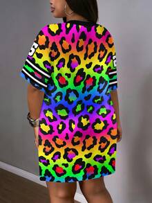 Slaydiva 休闲简约圆领彩色豹纹数字字母徽章图案赛车服，时尚街头风，运动休闲，比赛服，Y2K风格，大码 - 彩色 - 查看 2