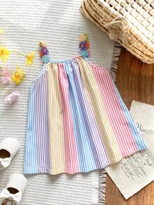 SHEIN Vintaside Kids Vestido de línea A a rayas con parches de flores de colores y cinta para niñas bebés, adecuado para uso diario casual y ocasiones festivas - Multicolor - Ver 2