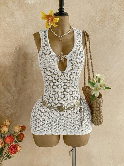 Soleia Cubrecuerpo sin mangas de punto calado de unicolor para playa/resort