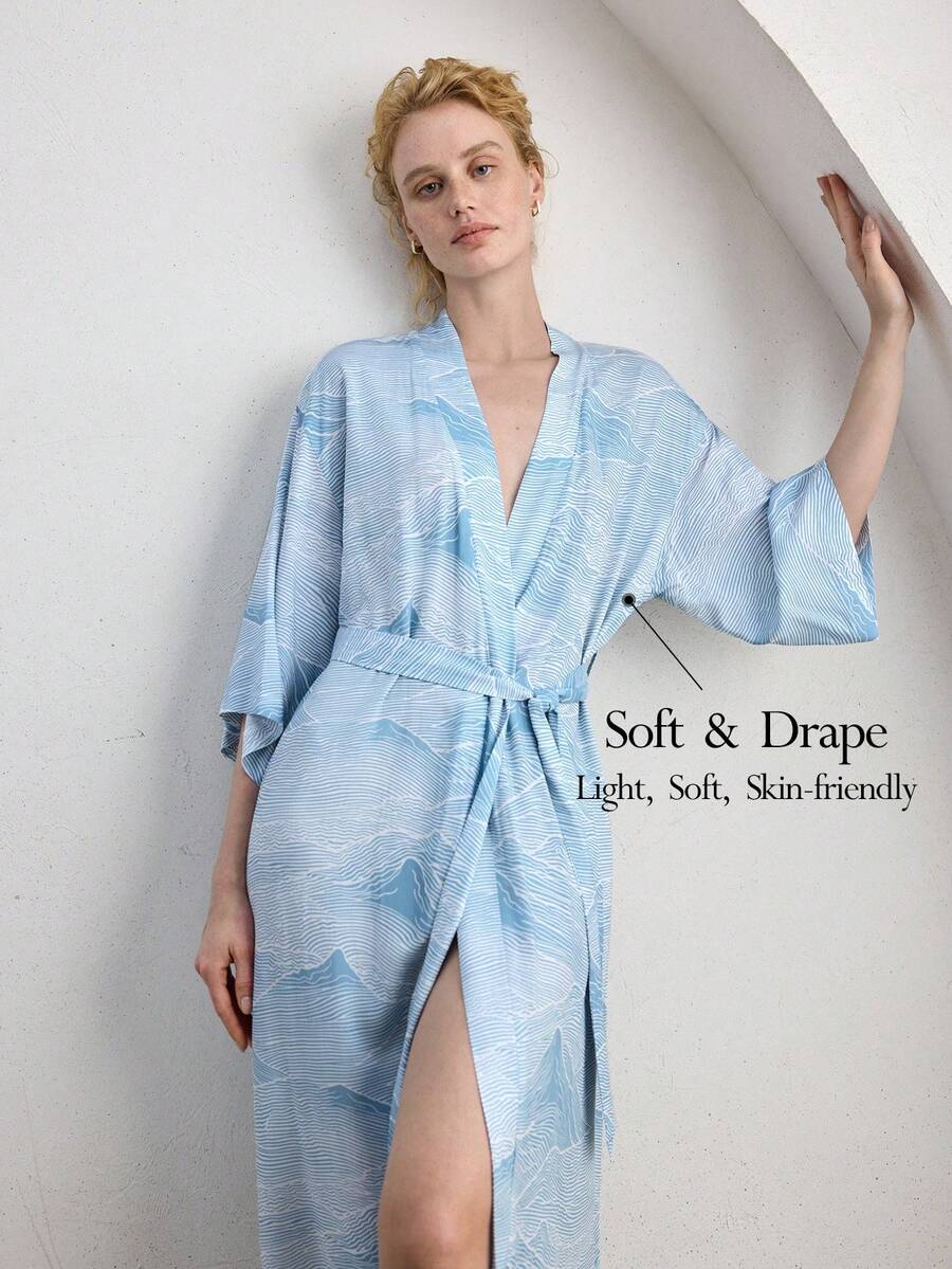 Ocili Leisure Comfortable Minimalist Chain Print Cotton Blend Mid-Sleeve Robe With Tie, Women Sleepwear Robe, Chic Autumn - Blue - View 1