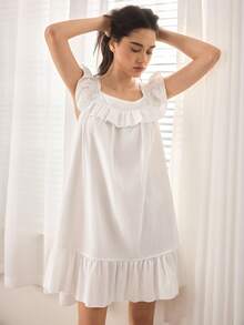 Ocili 棉质提花梭织波西米亚风前开襟刺绣舒适水溶蕾丝极简主义睡裙女装 - 白色 - 查看 6