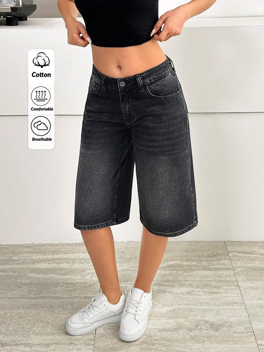 SHEIN Quần jean ngắn cạp thấp màu đen, kiểu dáng đường phố, dài đến dưới đầu gối. - màu đen - Xem 1