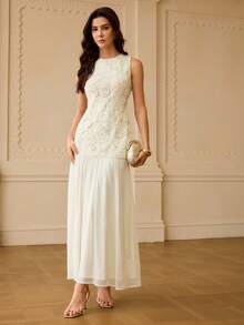 ZEYLAH Đầm chiffon không tay dáng ôm, thêu ren 3D họa tiết hoa mới, dành cho nữ, bộ sưu tập Xuân/Hè. - Màu be - Xem 4