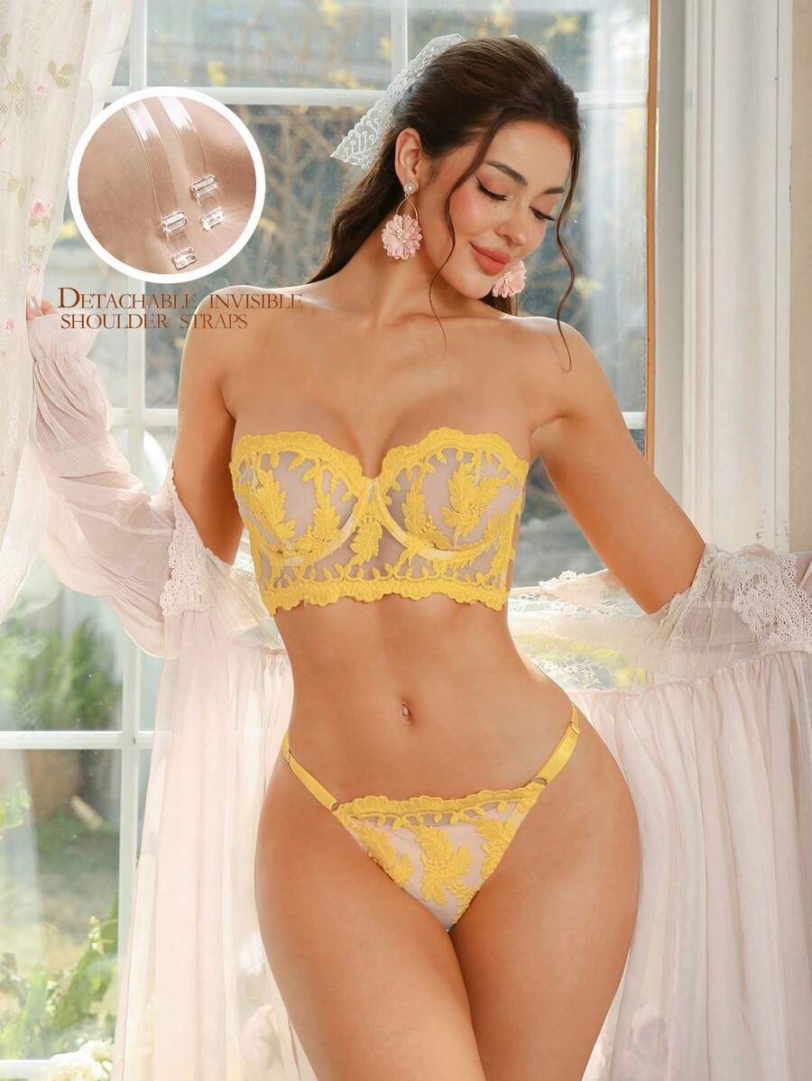 2件套黄色刺绣无钢圈抹胸文胸套装，配透明肩带 - 黃色 - 查看 1