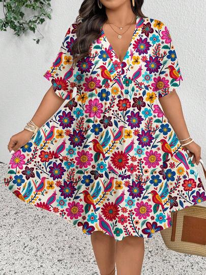 SHEIN Frenchy Plus Size Floral Print Casual Vacation Dress