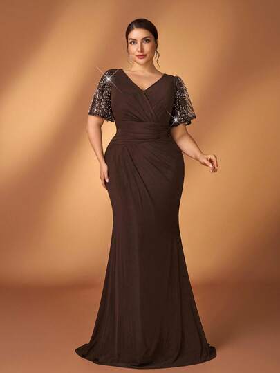 Serin Plus Size Elegant Luxurious Coffee-Colored Beaded Embroidered Patchwork High-Stretch Knit V-Neck Ruffle Sleeve Fitted Mermaid Hem Dress, Suitable For Evening Parties, Galas, Weddings, Bridal Mother Gowns
